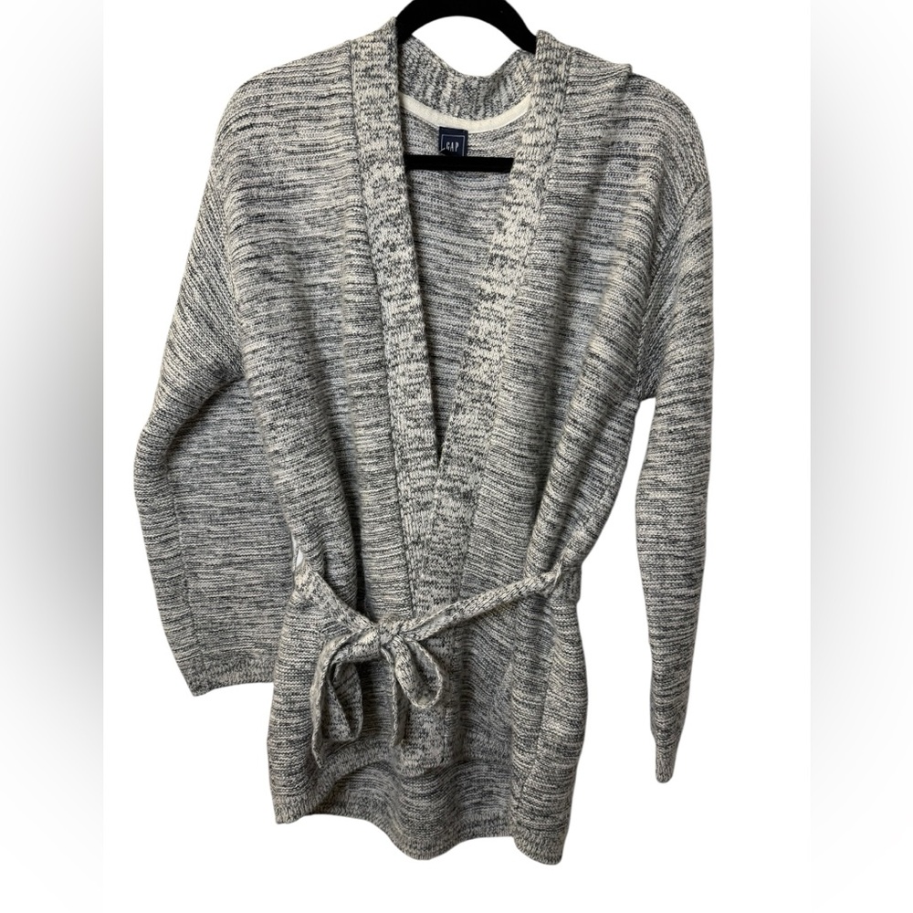 Gap Women XL Grey Marled Knit Wrap Cardigan Belted Open Front Wool Blend Sweater